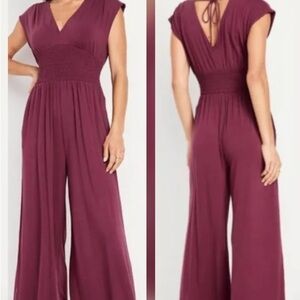 Old Navy Wide-Leg Smocked Waist Jumpsuit in Burgundy Plum